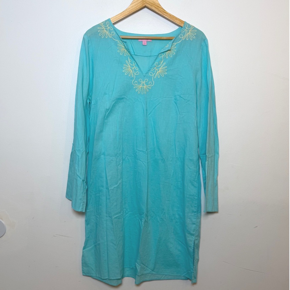 Lilly Pulitzer Elina Tunic Dress Turquoise Blue Cotton Embroidered Coverup Large